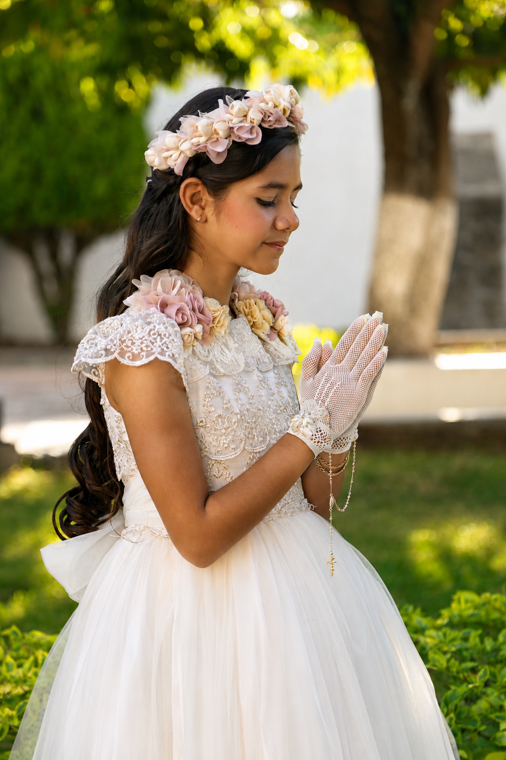 Niña con vestido blanco y corona floral en un jardín