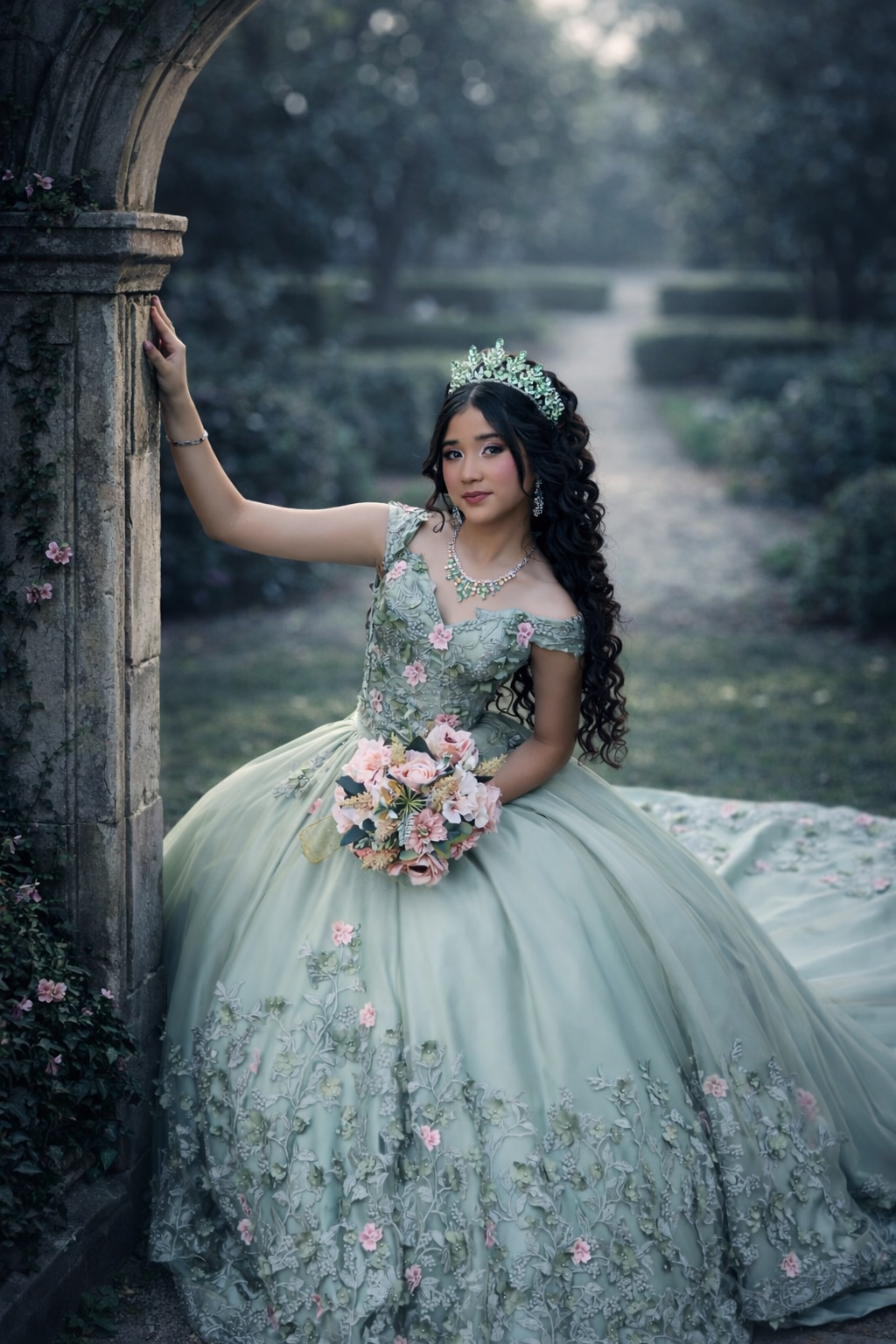 Quinceañera con vestido verde salvia junto a un arco de piedra en un jardín