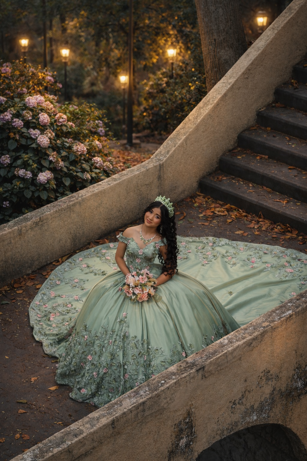 Quinceanera sentada en una escalinata de piedra